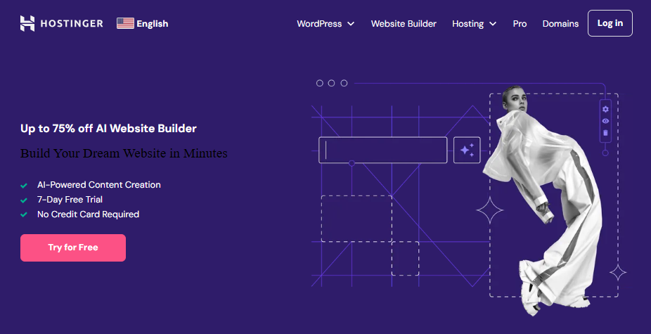 Hostinger AI builder homepage where you can build a website within minutes using AI